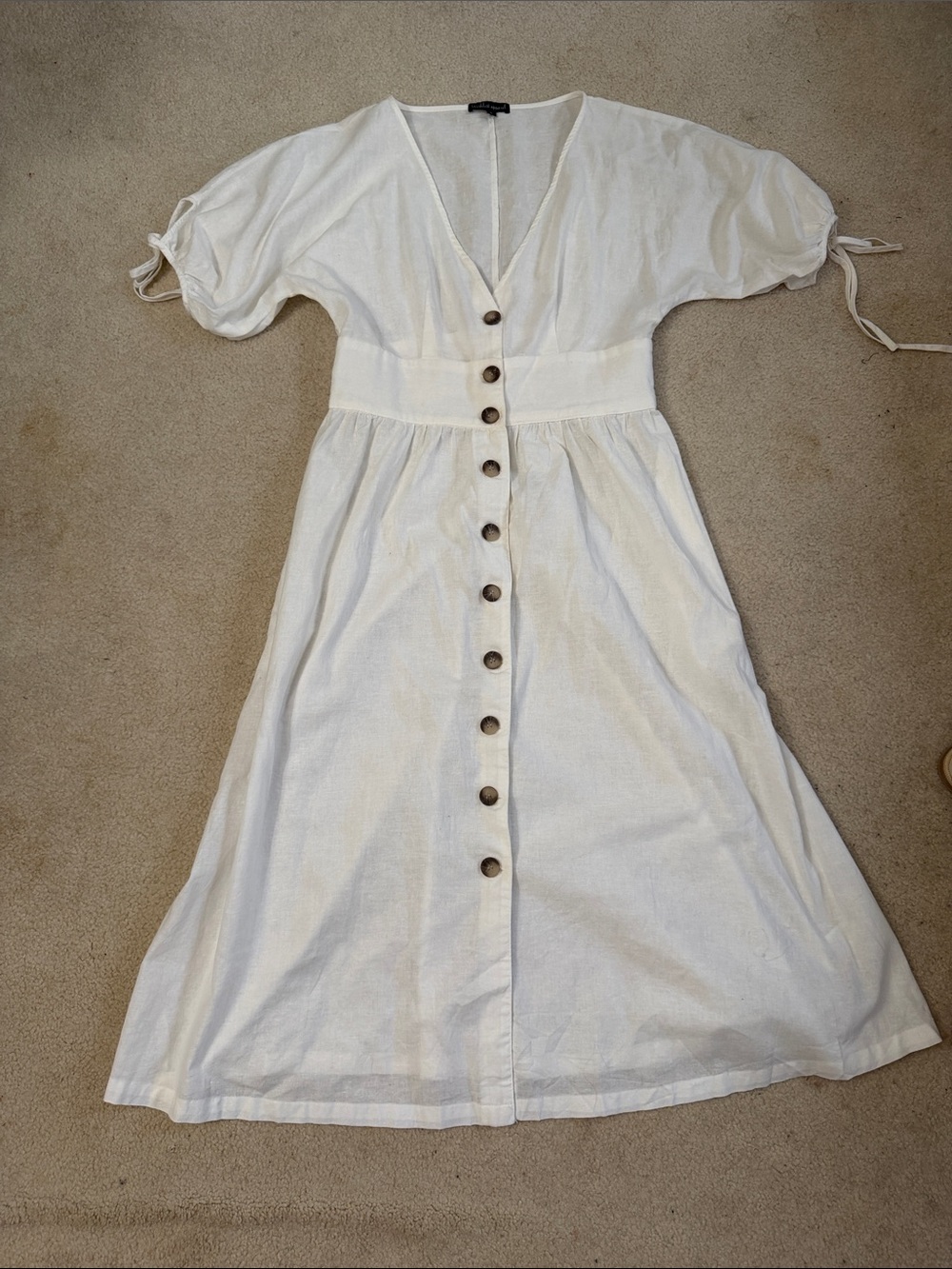 Button-Front White Midi Dress with V-Neck and Tie Sleeves